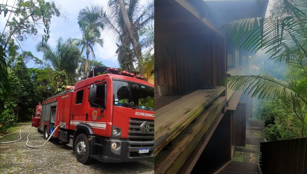 Corpo de Bombeiros foi acionado para conter incêndio da casa, em Guarujá (SP) — Foto: 6° Grupamento do Corpo de Bombeiros/Divulgação