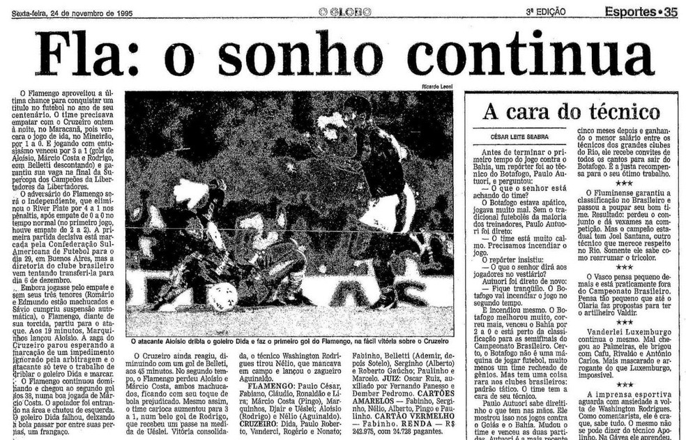 Flamengo passou pelo Cruzeiro diante de menos de 25 mil pessoas em 1995 (Foto: Reprodução/Acervo O Globo)