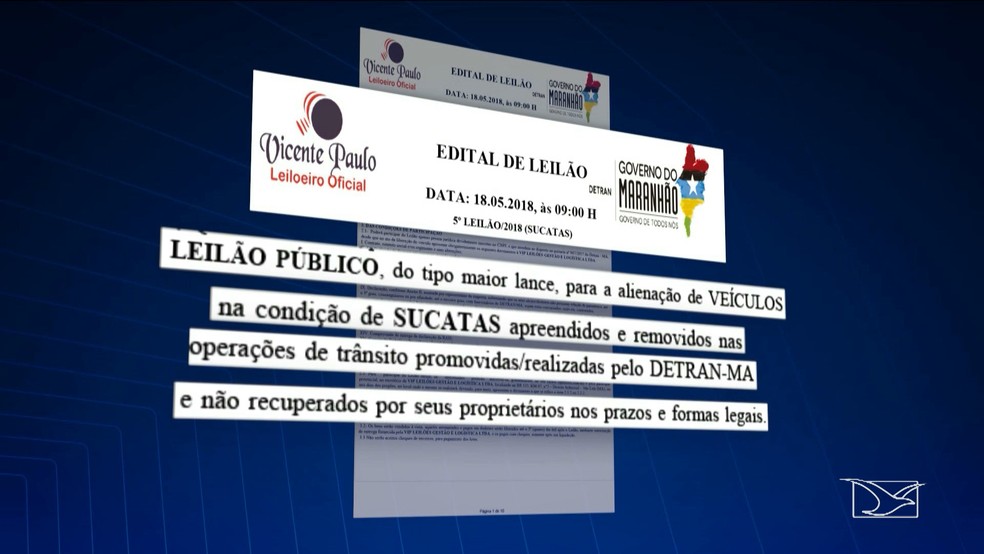 Edital prevÃª a realizaÃ§Ã£o de um leilÃ£o de veÃ­culos apreendidos durante fiscalizaÃ§Ãµes do Detran-MA (Foto: ReproduÃ§Ã£o/TV Mirante)