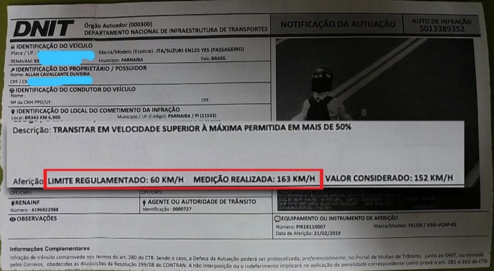 Condutor é multado por excesso de velocidade e Dnit reconhece erro — Foto: Arquivo pessoal/Allan Cavalcante