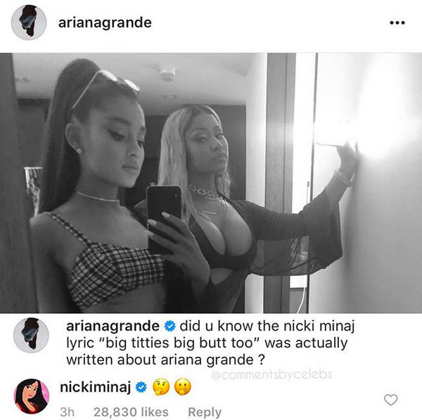 Os comentários de Ariana Grande e Nicki Minaj na foto compartilhada nas redes sociais (Foto: Instagram)