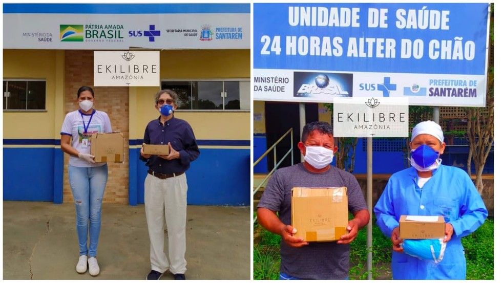 Doação de álcool 70% com priprioca para unidades de saúde de Alter do Chão, no Pará — Foto: Divulgação