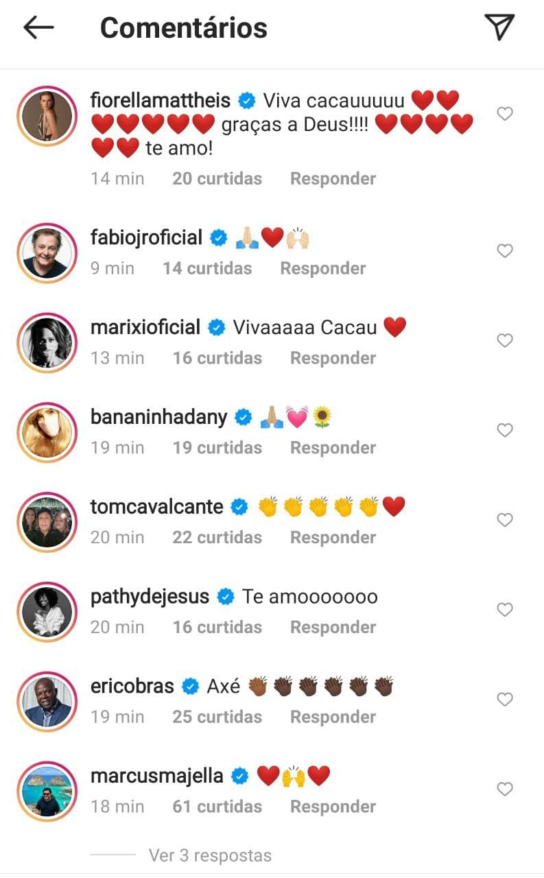 Famosos comemoram alta de Cacau Protásio após pancreatite (Foto: Reprodução/Instagram)