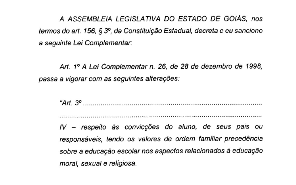 Projeto de lei que proíbe ideologia de gênero em escolas de Goiás — Foto: Reprodução/Assembleia Legislativa