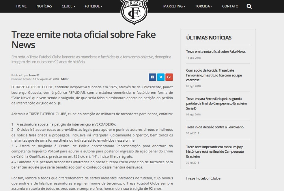 Nota oficial do Treze foi publicada em seu site oficial (Foto: ReproduÃ§Ã£o)