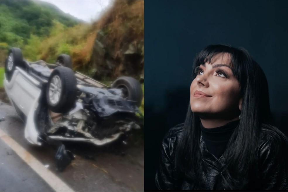 Cantora Eyshila publicou uma foto do carro capotado após acidente. — Foto: Redes sociais/Reprodução