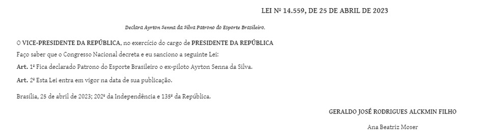 Trecho do Diário Oficial com publicação de lei que torna Ayrton Senna Patrono do Esporte Brasileiro — Foto: Reprodução/Governo Federal