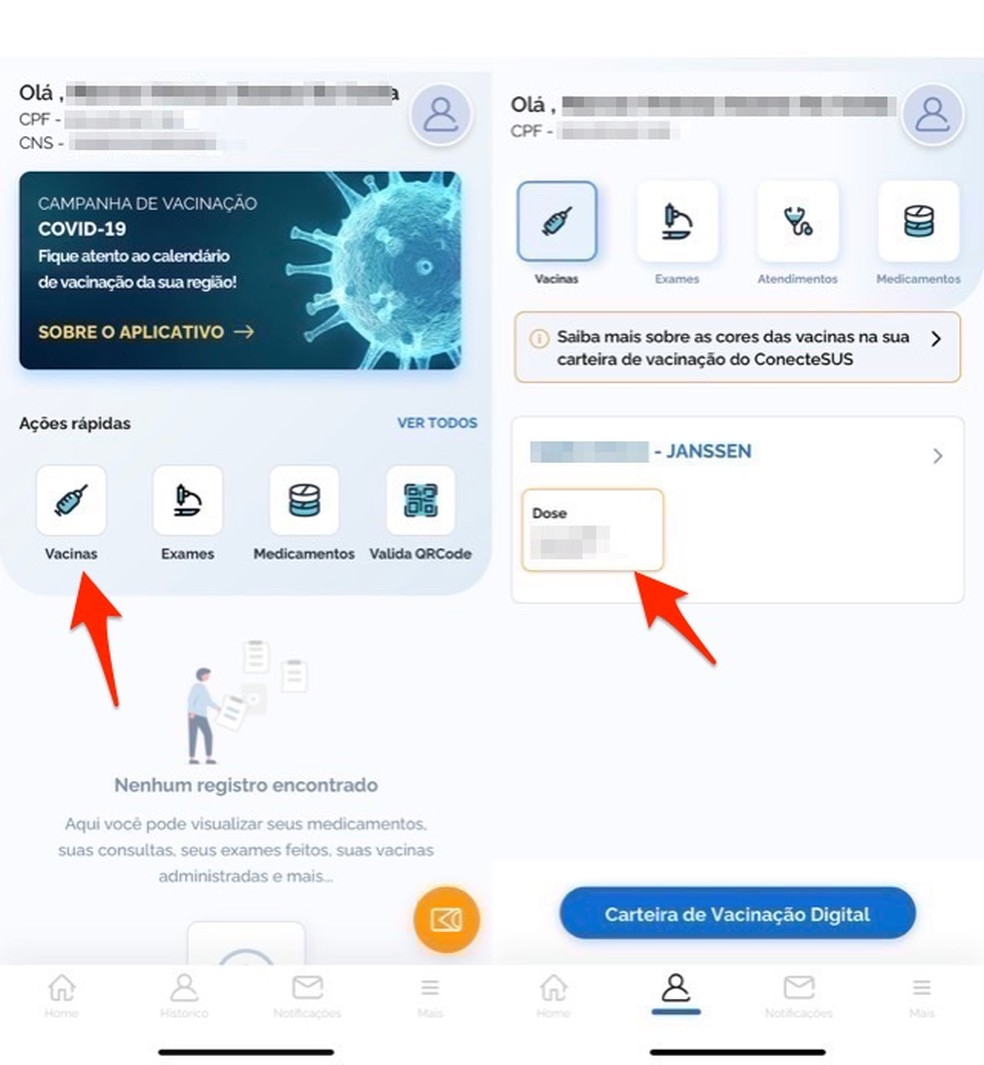 Ação para acessar informações sobre vacinação no app Conecte SUS — Foto: Reprodução/Marvin Costa