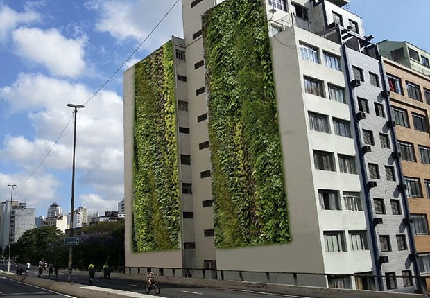 Projeção de como ficará o jardim vertical instalado no Condomínio Edifício Huds, vizinho ao Elevado Costa e Silva, o Minhocão (Foto: Reprodução/Facebook)