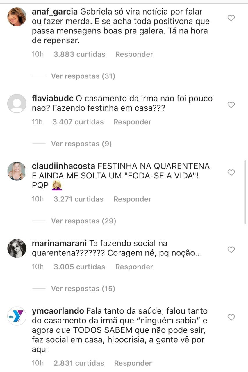 Comentários no Instagram de Gabriela Pugliesei (Foto: reprodução)