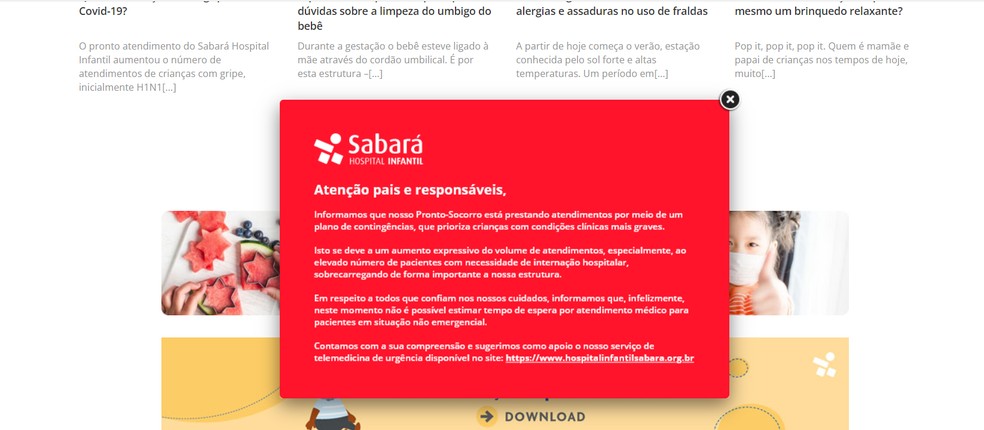 Hospital infantil de SP posta alerta para lotação e atendimento prioritário para casos graves — Foto: Reprodução/Hospital Sabará 