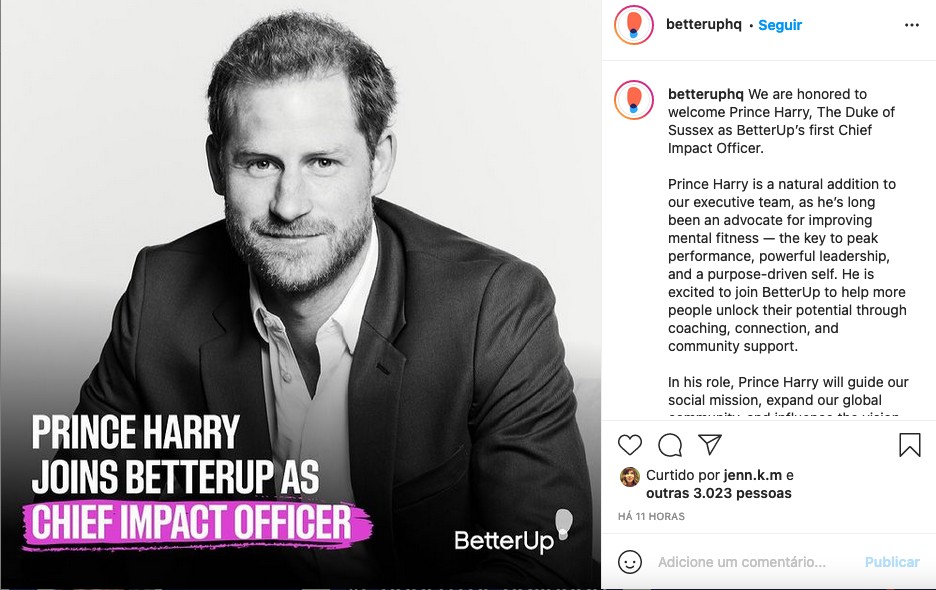 O post da BetterUp anunciando a contratação do Príncipe Harry (Foto: Instagram)