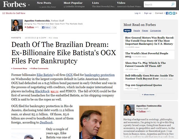 Reportagem cita o pedido de falência da OGX como 'fim do sonho brasileiro' (Foto: Reprodução)