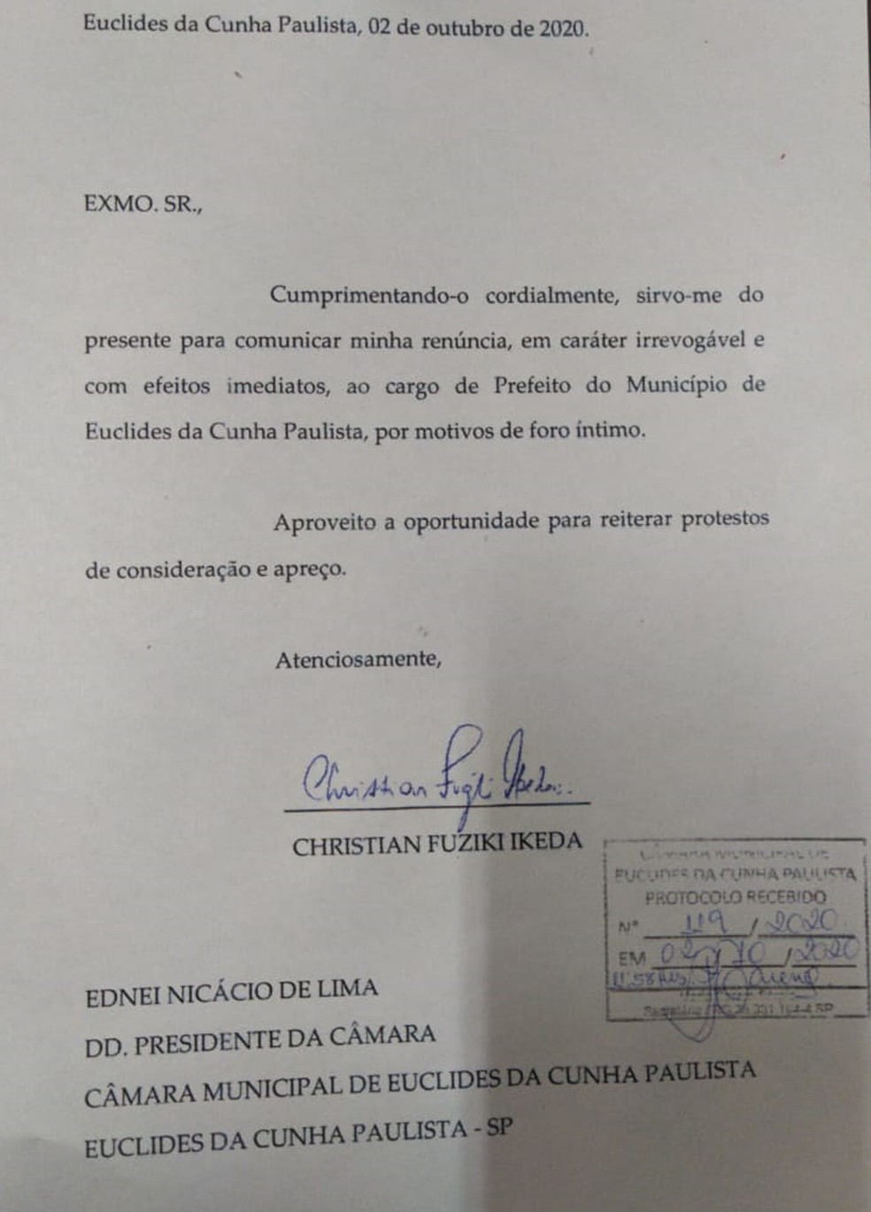 Carta enviada à Câmara pelo prefeito de Euclides da Cunha Paulista  — Foto: Cedida 