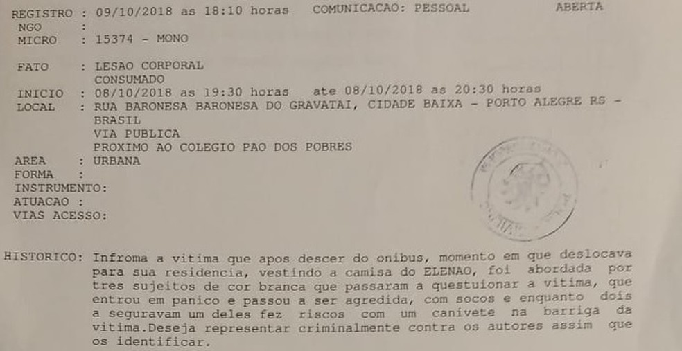 Boletim de ocorrÃªncia foi registrado na noite de terÃ§a-feira (9) em Porto Alegre â€” Foto: ReproduÃ§Ã£o/PolÃ­cia Civil