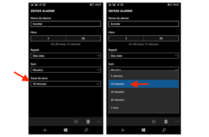 Configurando o tempo de repetição do alarme configurado no Windows 10 Mobile (Foto: Reprodução/Marvin Costa)