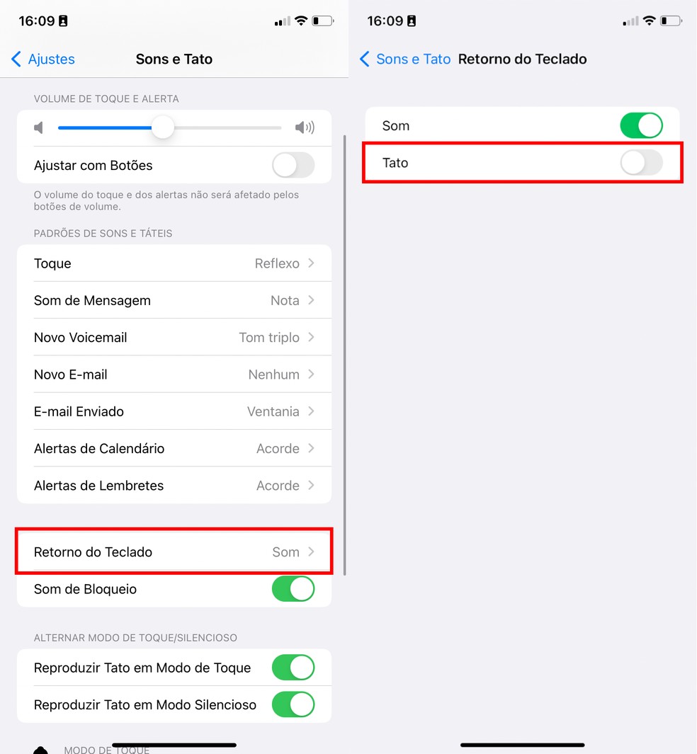 Basta acessar a seção de "Som e Tato" nos Ajustes para ativar ou desativar o teclado tátil do iPhone — Foto: Reprodução/TechTudo