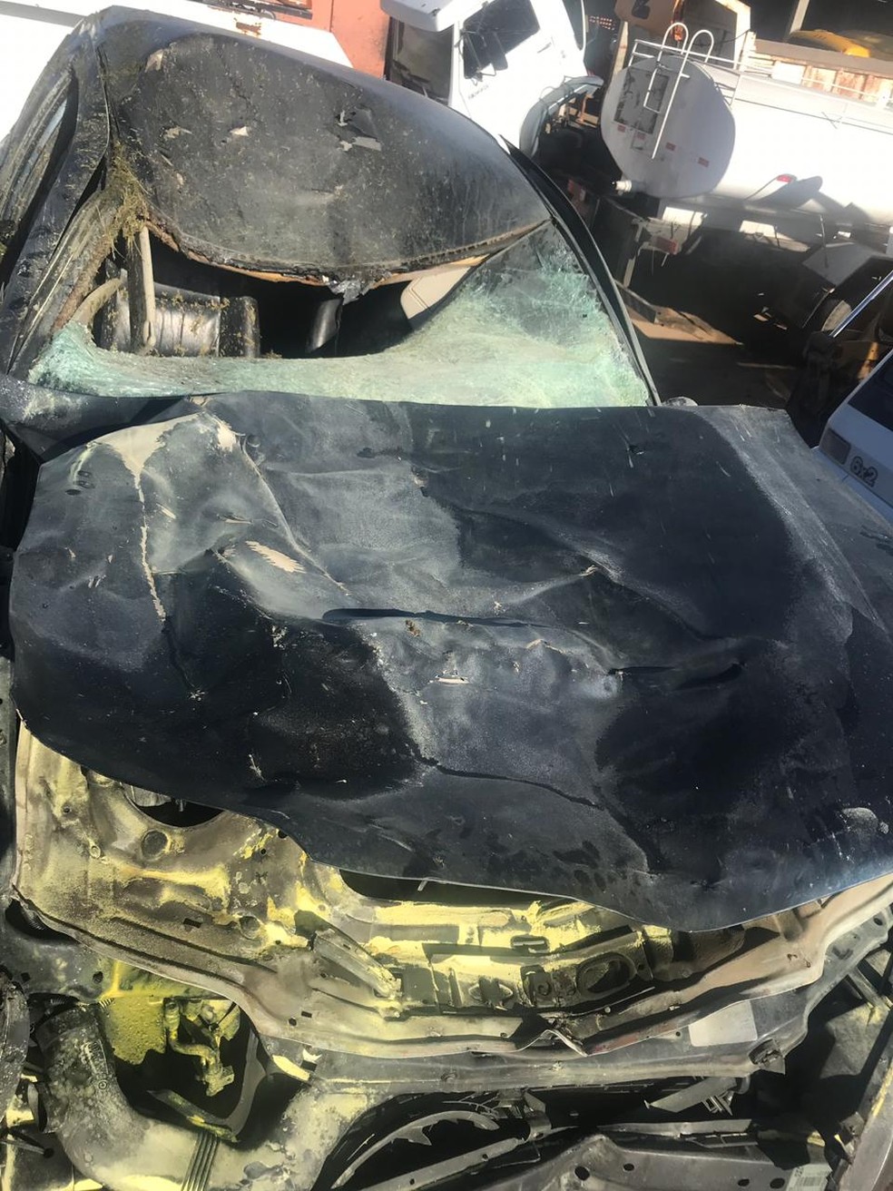 ApÃ³s atropelar as vacas, o carro ficou destruÃ­do em SÃ£o LuÃ­s do Curu â Foto: Weberson Melo/Arquivo Pessoal