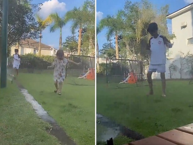 Arthur e Manuela, filhos de Eliana, se divertem com irrigação no gramado de casa (Foto: Reprodução/Instagram)