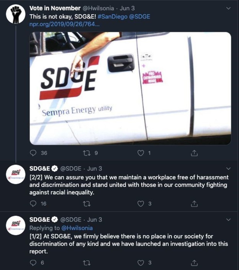 Imagem de Cafferty e seu suposto gesto no veículo da empresa compartilhado por usuário do Twitter que cobra punição da empresa — Foto: Reprodução Twitter/ BBC 