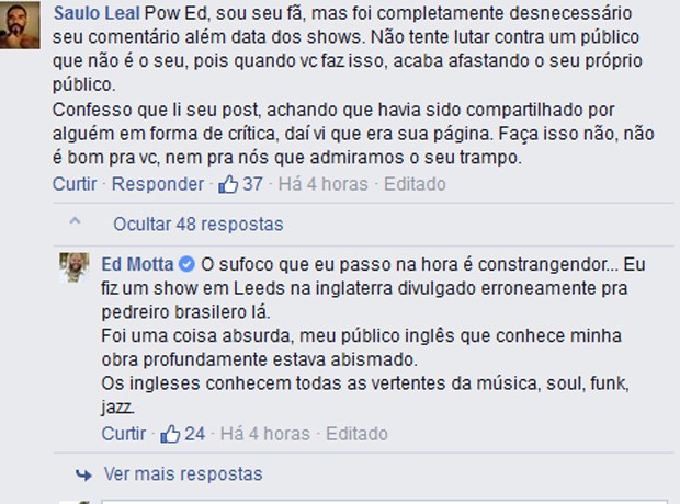 Ed Motta responde a comentário em sua página no Facebook (Foto: Divulgação / Facebook Foster The Brazil)