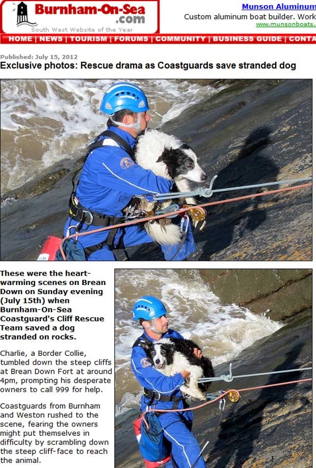 Equipe de resgate usou equipamento usado para escalar para resgatar cão na Inglaterra (Foto: Reprodução)