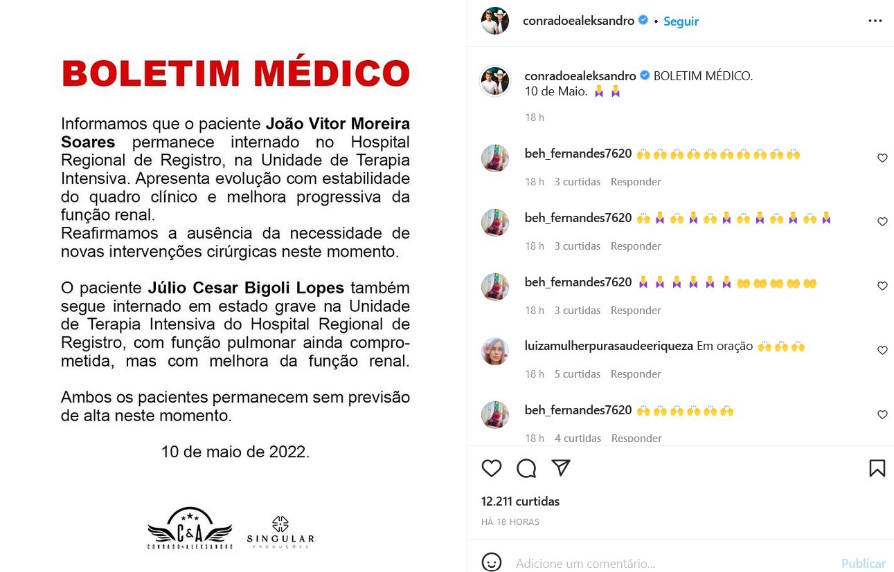 Boletim médico de Conrado e Júlio (Foto: Reprodução/Instagram)