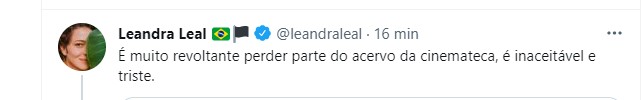 Leandra Leal desabafa sobre incêndio em cinemateca paulista (Foto: Reprodução Twitter)