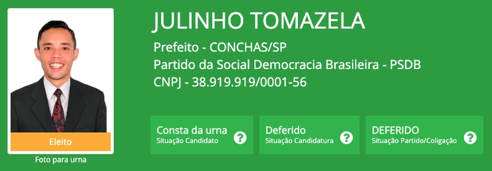 Julinho Tomazela (PSDB), eleito com 37,54% em Conchas (SP), um dos mais jovens prefeitos do Brasil — Foto: Reprodução