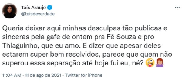 Taís Araujo se desculpa por gafe com Fernanda Souza e Thiaguinho (Foto: Reprodução/Twitter)