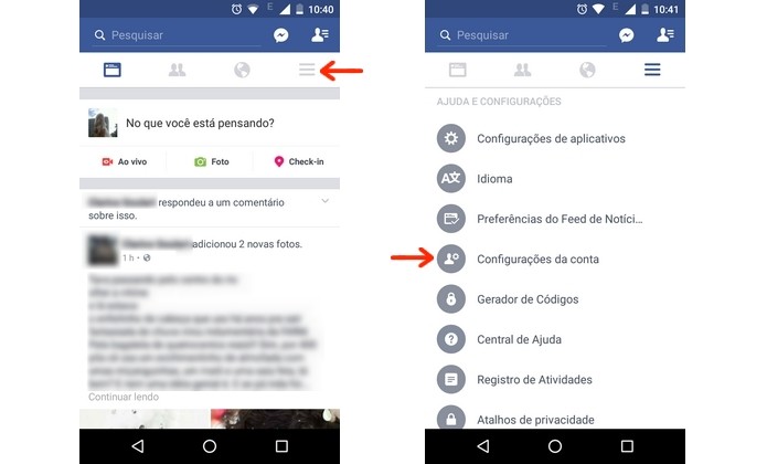 Acesso às configurações da conta do Facebook pelo aplicativo (Foto: Reprodução/Raquel Freire)