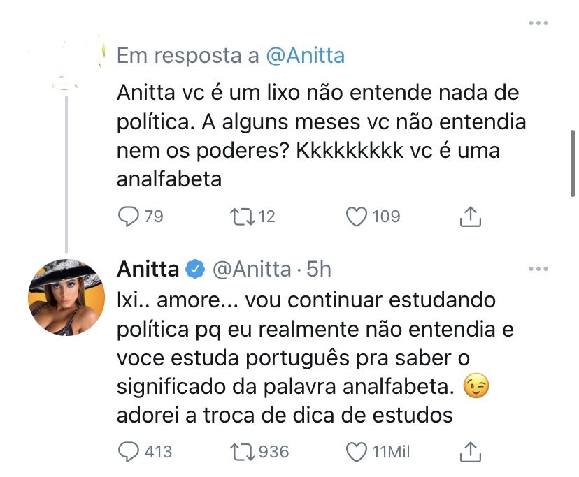 Anitta é chamada de "analfabeta" por internauta e rebate (Foto: Reprodução/Twitter)