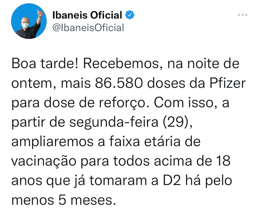 Governador Ibaneis Rocha anunciou ampliação do reforço da vacina contra Covid em rede social — Foto: Twitter/Reprodução