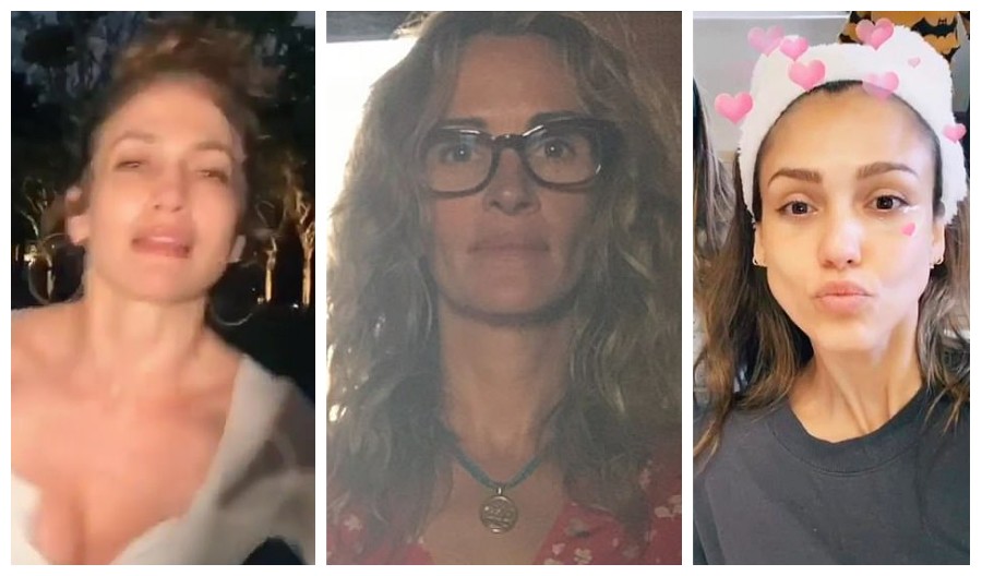 Jennifer Lopez, Julia Roberts e Jessica Alba sem maquiagem durante seus períodos de isolamento decorrente da pandemia do coronavírus (Foto: Instagram)