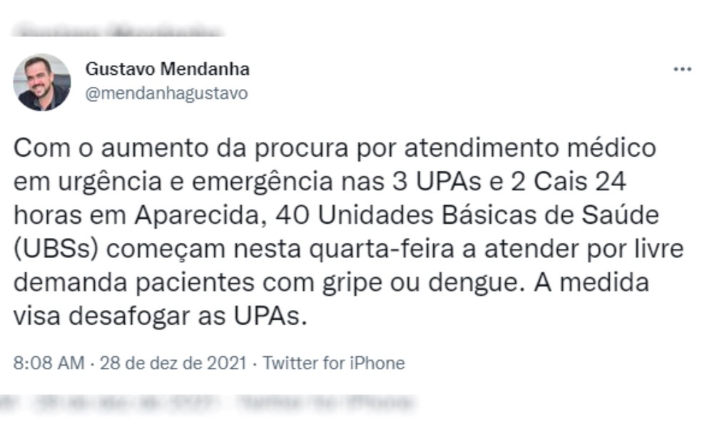 Prefeito de Aparecida de Goiânia Gustavo Mendanha fala sobre desafogar unidades de saúde — Foto: Reprodução/Twitter