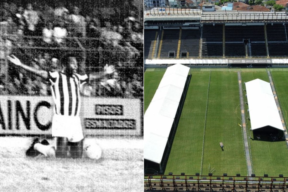 Pelé será velado no centro do gramado da Vila Belmiro, onde, em 1974, se ajoelhou e se despediu do clube como jogador — Foto: Divulgação e g1 Santos