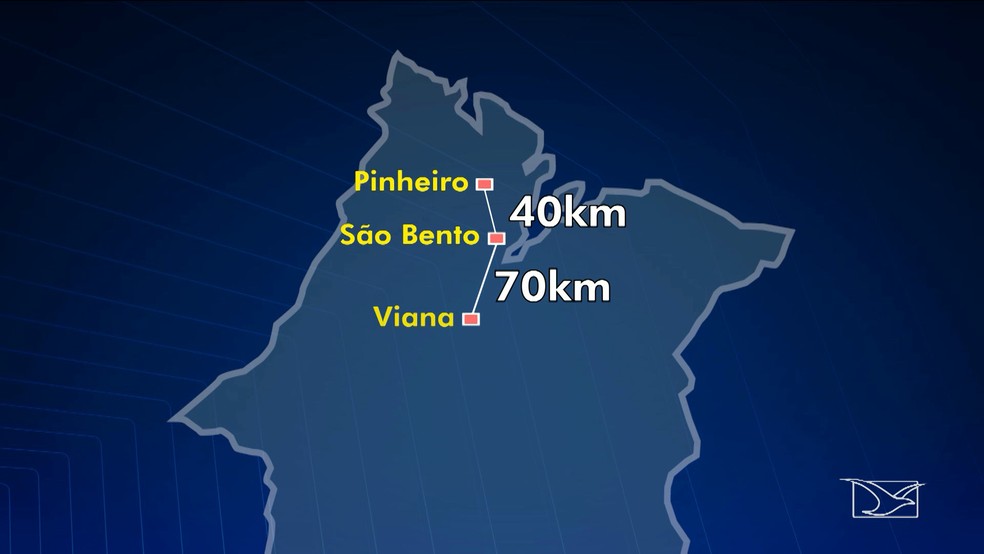 DistÃ¢ncia de SÃ£o Bento para as cidades de Pinheiro e Viana. â€” Foto: ReproduÃ§Ã£o/TV Mirante