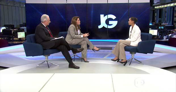 Os jornalistas William Waack e Christiane Pelajo entrevistam Marina Silva para o Jornal da Globo (Foto: Reprodução/TV Globo)