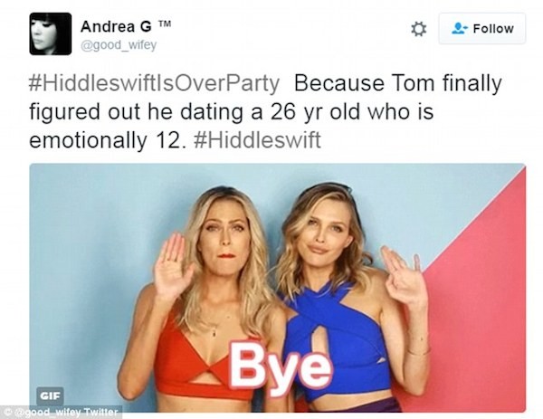 Um meme faz piada com o término do relacionamento de Taylor Swift e Tom Hidleston (Foto: Twitter)