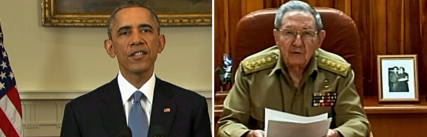 Barack Obama e Raul Castro falaram simultaneamente sobre as mudanças nas relações entre Estados Unidos e Cuba (Foto: Reprodução/GloboNews)