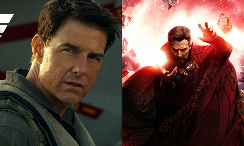 O filme “Top Gun: Maverick”, imagem a esquerda, e “Doutor Estranho no multiverso da loucura” a direita