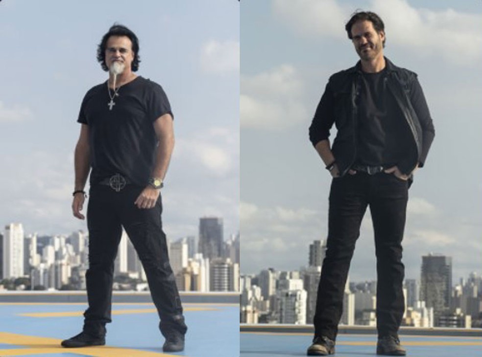 Os irmãos Eduardo e Fernando Parrillo, donos da Prevent Senior, em fotos de divulgação da banda de hard rock Doctor Pheabes, da qual são, respectivamente, vocalista e guitarrista — Foto: Divulgação/Doctor Pheabes