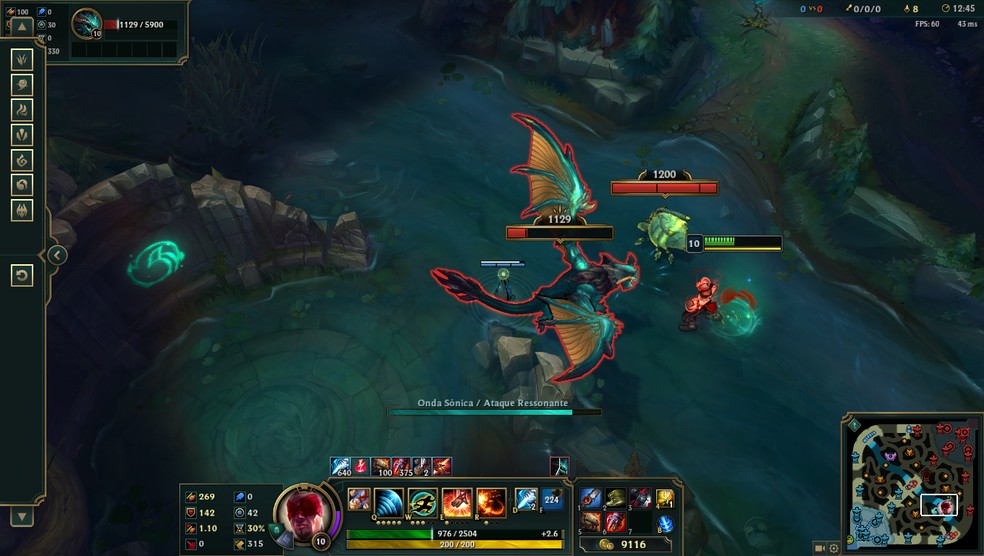 Onda Sônica/ Ataque Ressonante (Q) do Lee Sin é um bom exemplo de habilidade sendo utilizada junto ao Golpear (Foto: Reprodução/Victor de Abreu)