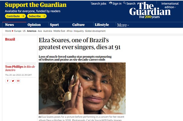 Morte de Elza Soares repercute no The Guardian (Foto: Reprodução)
