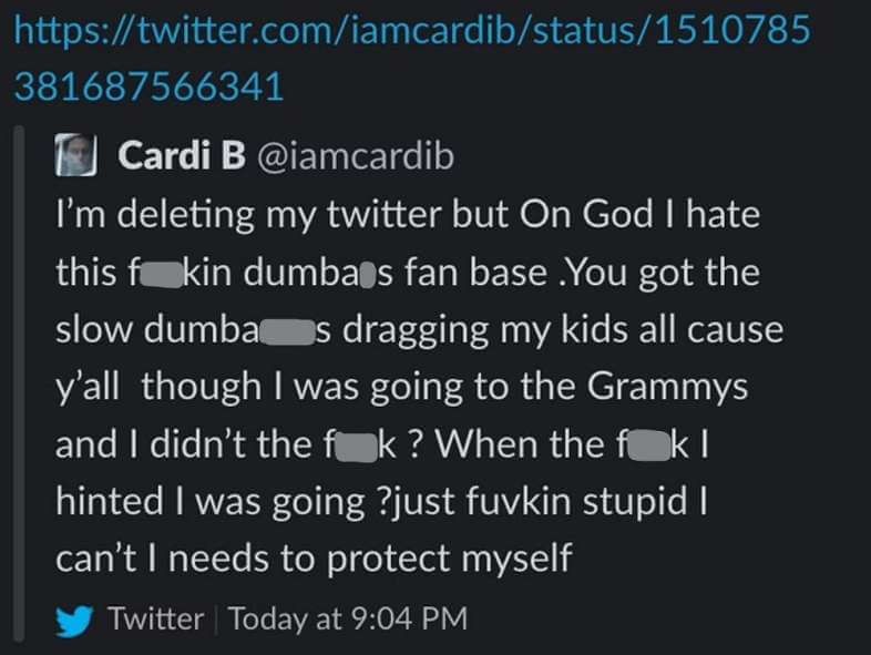 Cardi B deleta o Twitter após fãs a criticarem por não comparecer ao Grammy: 'Preciso me proteger'  (Foto: Reprodução / Twitter)