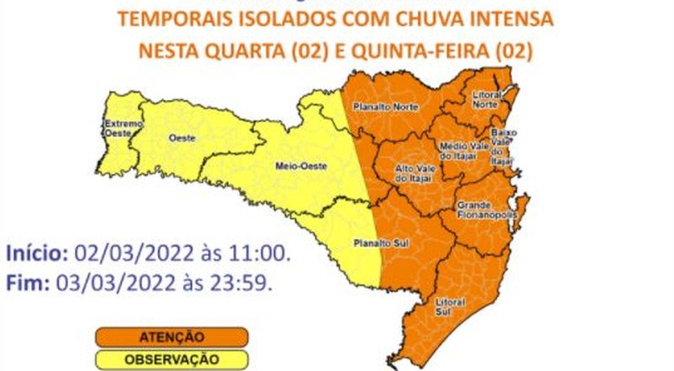 Mapa da Defesa Civil indica risco de temporais moderado para o Oeste e alto para as demais regiões — Foto: Defesa Civil/Divulgação