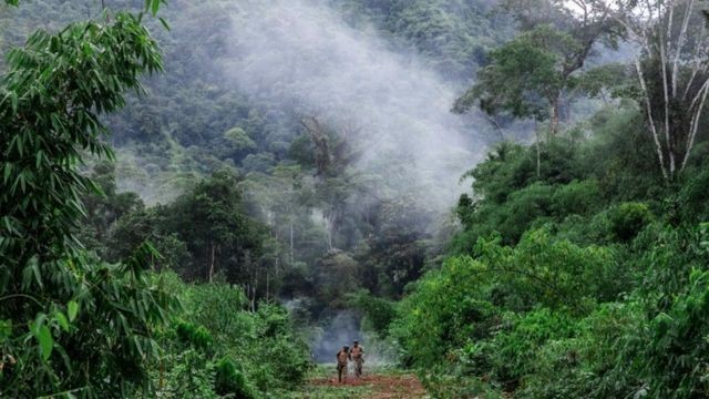 Incêndio na Amazônia; policiais caminham na floresta em meio à fumaça (Foto: EPA via BBC)