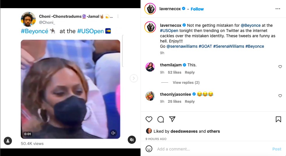 O post de Laverne Cox celebrando a confusão envolvendo ela e Beyoncé (Foto: Instagram)