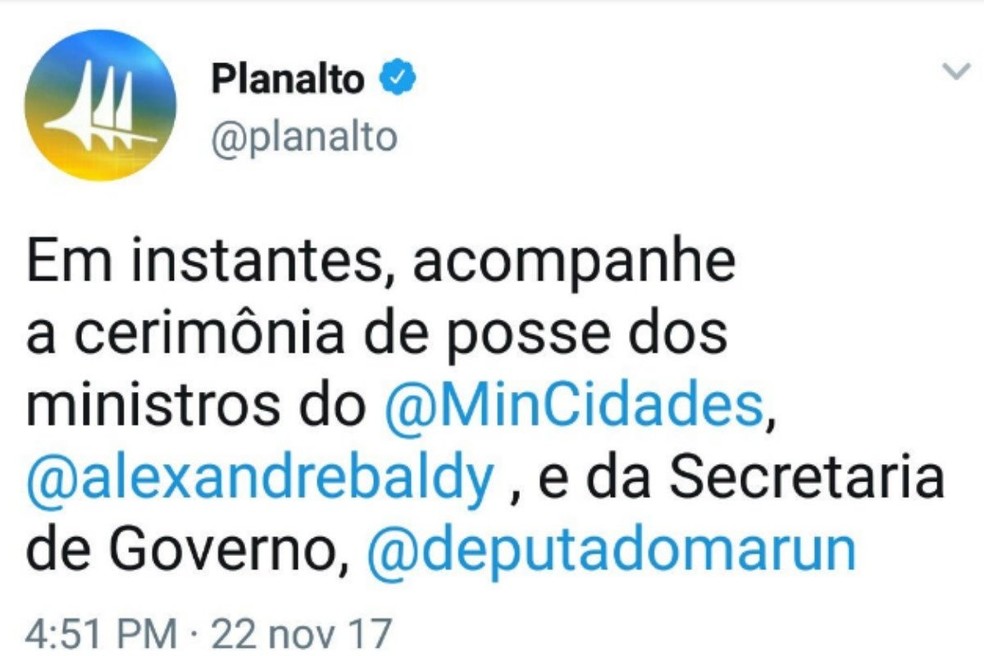 Mensagem no Twitter do Palácio do Planalto (Foto: Reprodução / Twitter)