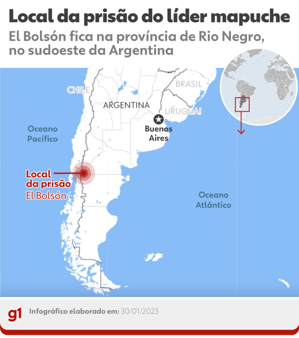 Mapa mostra a localização de El Bolsón, na Argentina — Foto: Kayan Albertin/g1